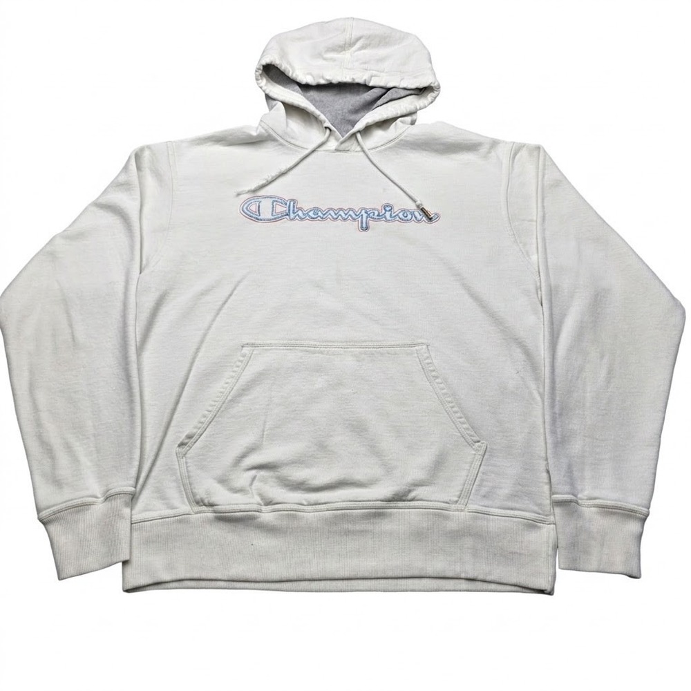 Champion Mens M White Pullover Hoodie Sweatshirt Embroidered Script Logo Fleece
